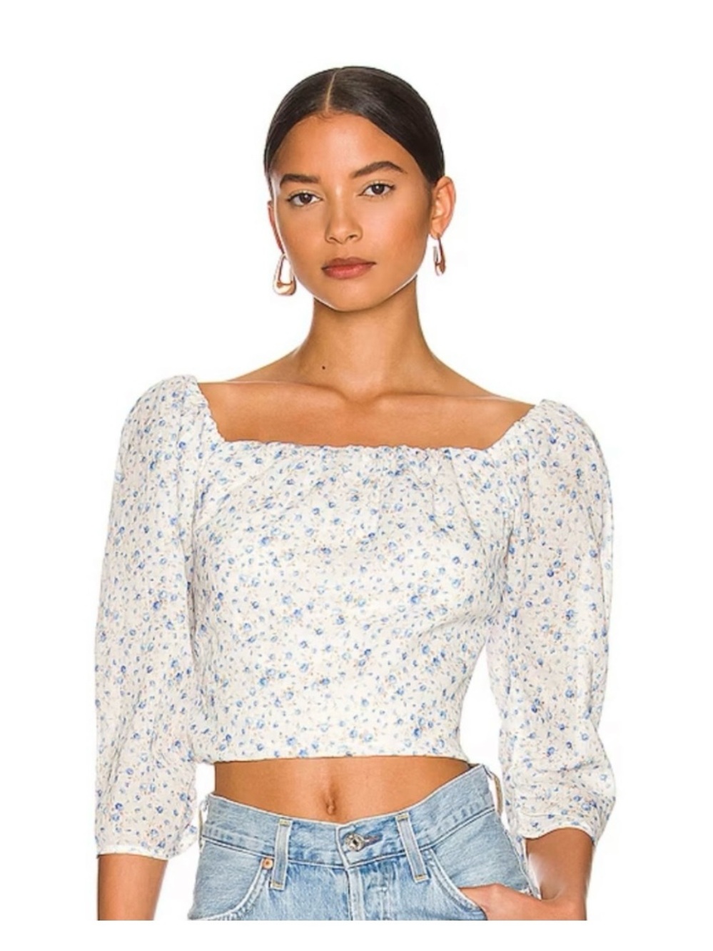 ASTR the Label Kemp Puff Sleeve Crop top, blue ditsy floral print, size XS